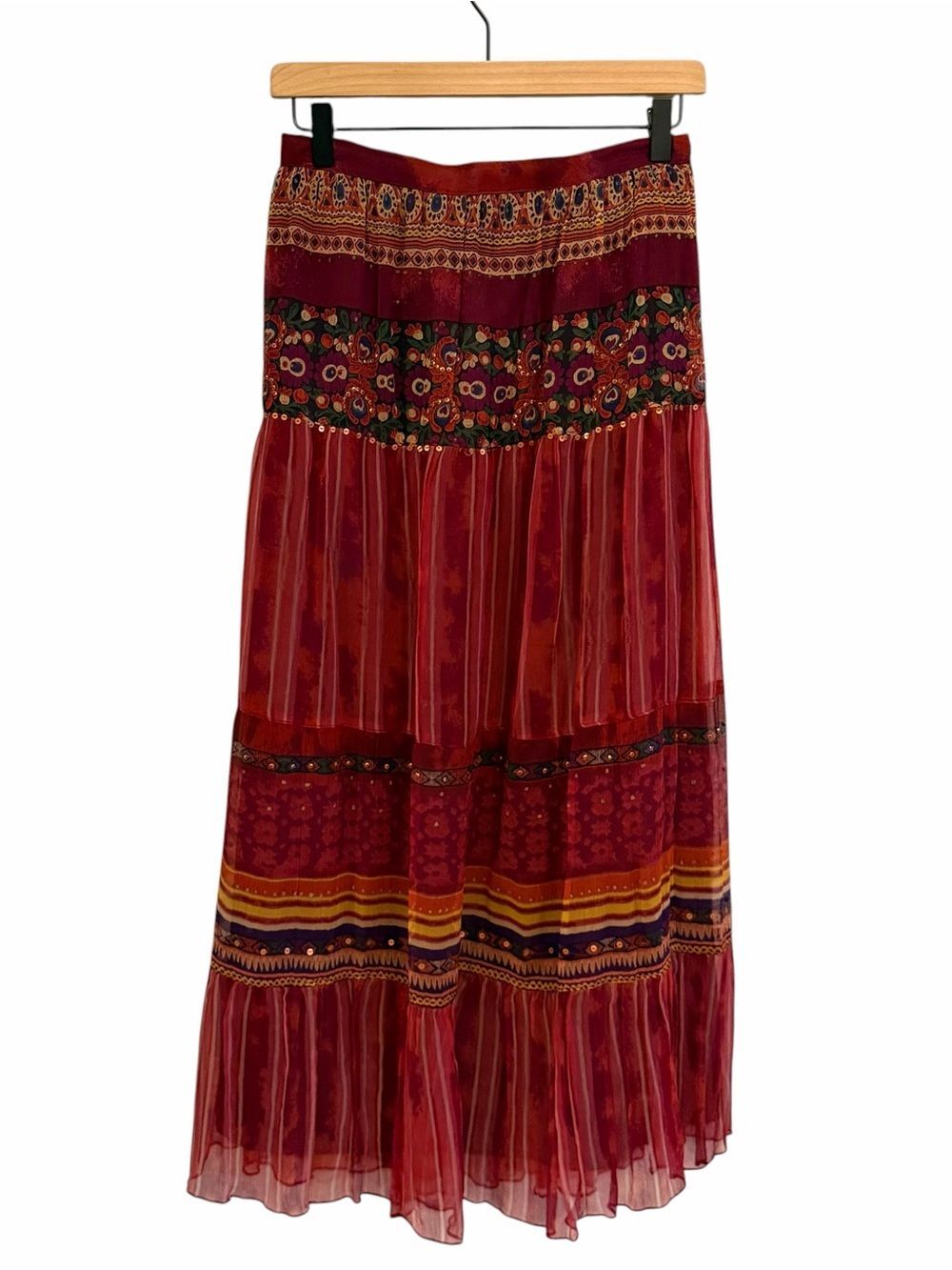 Coldwater Creek  Boho Hippie Maxi Skirt Size L Peasant Festival Tiered Sequins